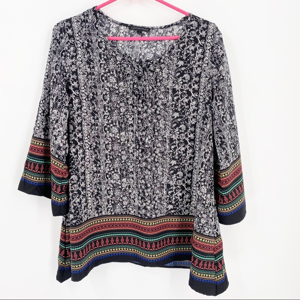 Signature Studio Pullover Tunic Blouse Size Large Tie Accent at Neck